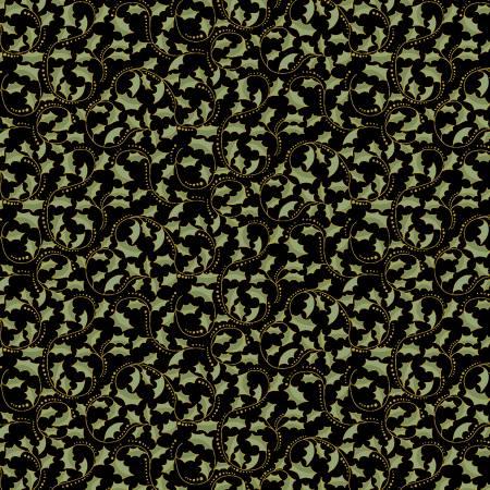 Dark fabric with metallic gold scrolling leaf and vine pattern