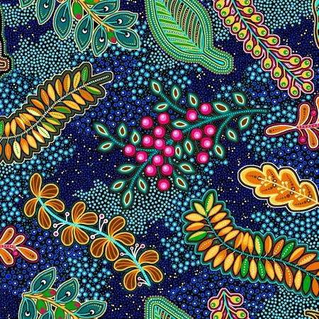 Pannotia leaves fabric print with teal, pink, and orange leaf and flower motifs