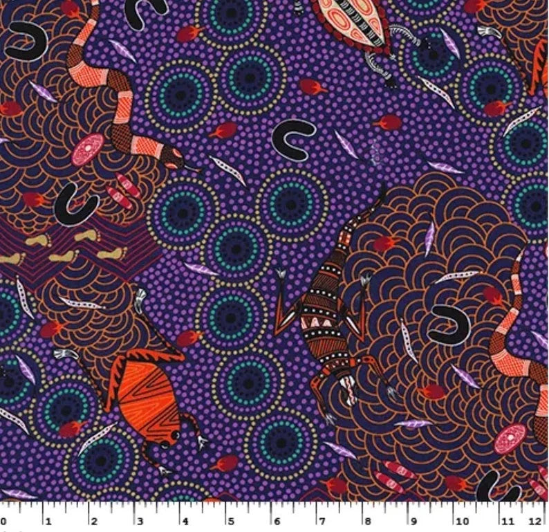 Purple patterned fabric with circular dot and wave motifs