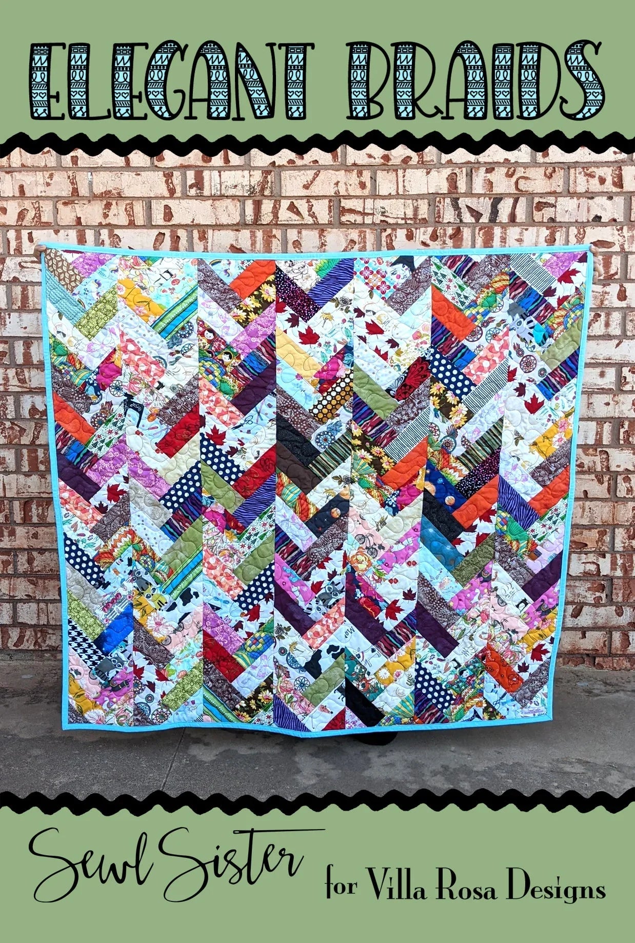 Colorful braided quilt with geometric patchwork squares and borders