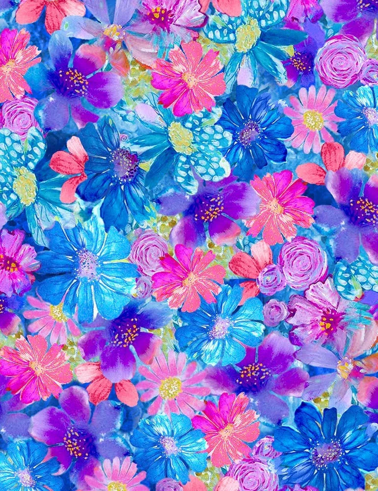 Floral cotton fabric with bright blue, pink, and purple flowers