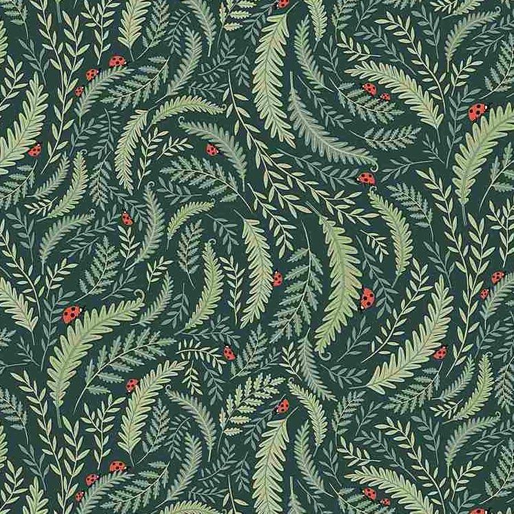 Botanical leaf print fabric with small red ladybug accents