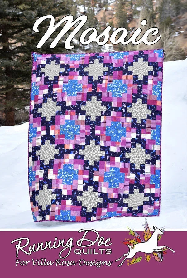 Mosaic quilt pattern featuring a square patchwork of purple, blue, and pink blocks