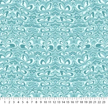 Mint and teal marbled fabric yardage with swirling floral motifs