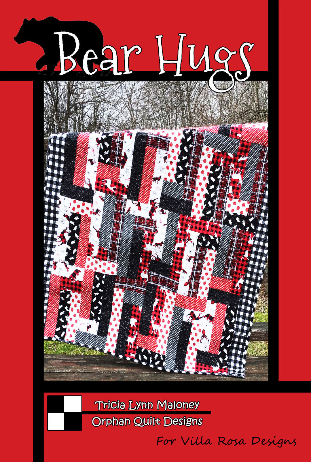 Bear Hugs quilt pattern cover with red, black, and white patchwork squares