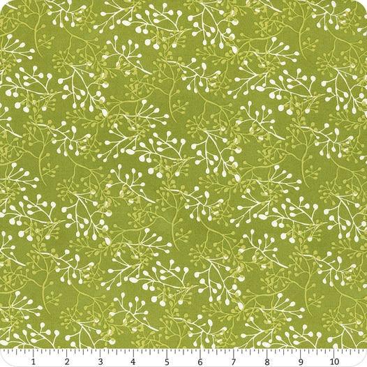 Green floral fern fabric swatch with white leaf sprigs