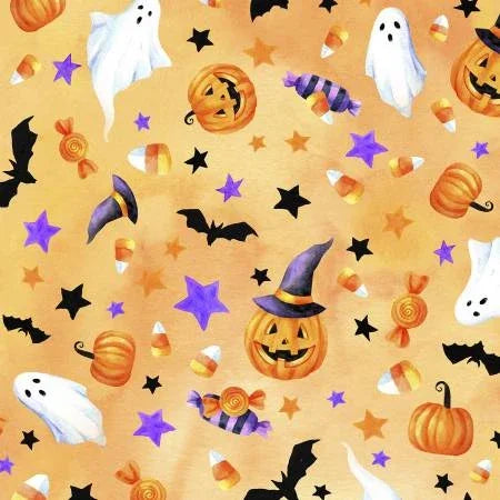 Halloween candy-themed fabric with white ghosts, orange pumpkins, bats, and purple stars