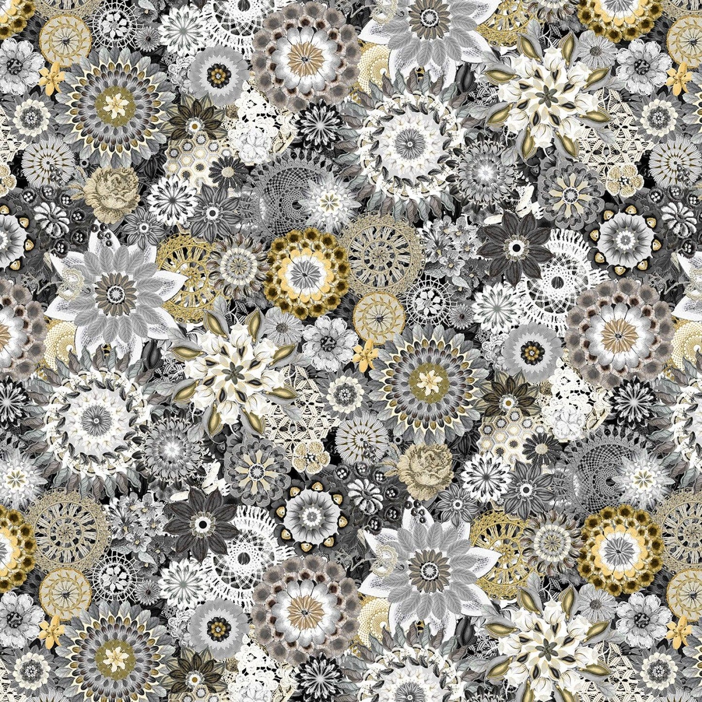 Grey crochet floral lace fabric, wide back with layered flower motifs
