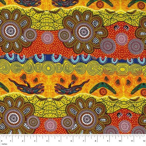 Decorative patterned fabric with yellow, orange, red, and blue flower and bird motifs