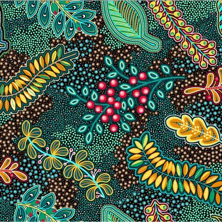 Teal decorative fabric with detailed leaf and floral motifs in multicolor