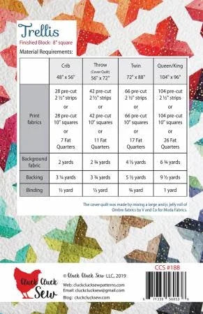 Trellis quilt pattern fabric requirements chart with yardage for crib, twin, queen