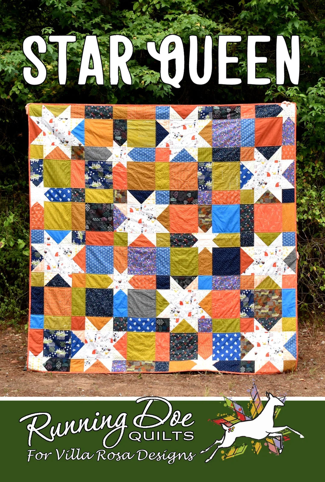 Star Queen quilt pattern featuring patchwork star blocks in colorful squares