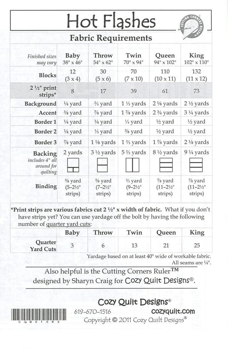 Quilt fabric requirements chart for 2½-inch strips, sizes Baby to King