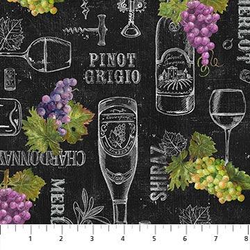 Wine-themed fabric panel with dark background, grapes, leaves, and wine glass motifs