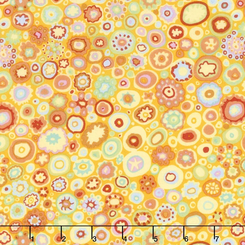Yellow fabric with multicolor circular floral motifs