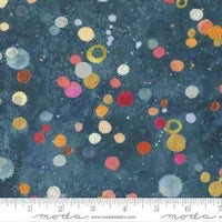 Quilt fabric in dark blue with scattered multicolor circles and dots