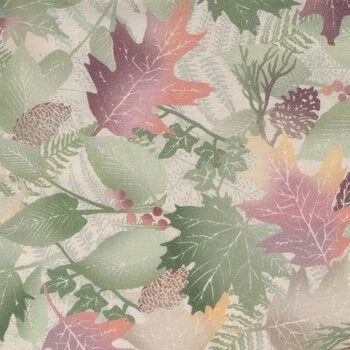 Quilting cotton fabric: cream background, multicolor forest leaf print