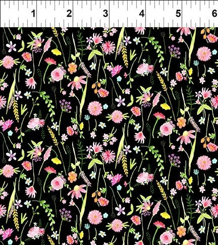Black floral fabric with small scattered flowers, leaves, and vines.