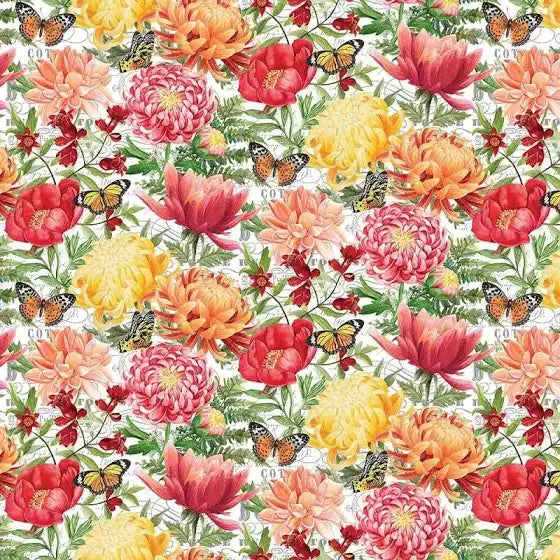 White floral fabric with red, pink, yellow, and orange blossoms and butterflies