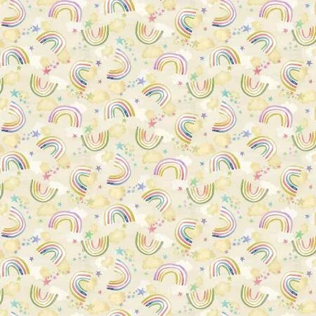 Cream fabric with repeating unicorns and rainbow pattern, multicolor accents