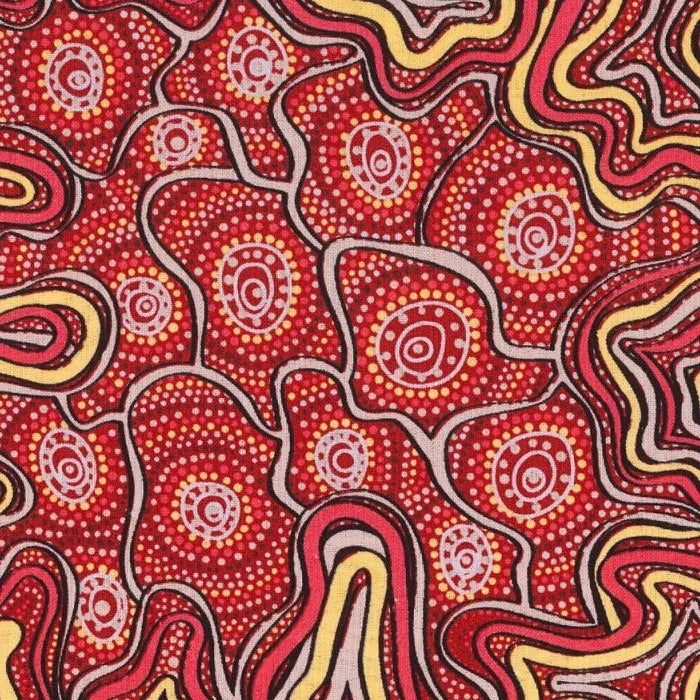 Red patterned fabric with circular motifs and flowing swirl lines