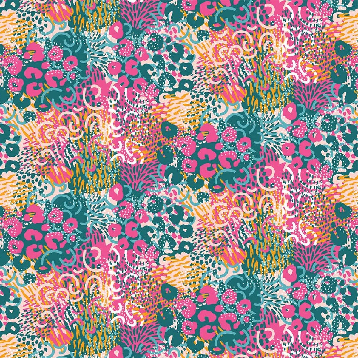 Multicolor leopard print fabric on teal background with abstract swirls and dots