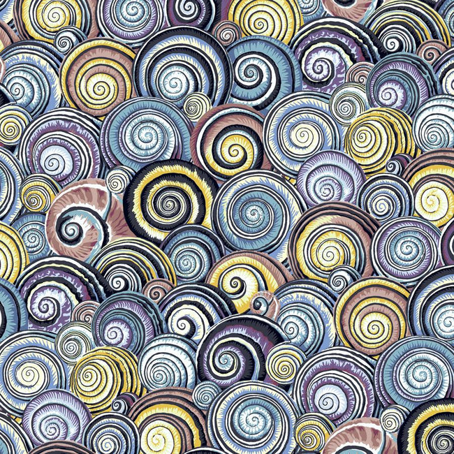 Multicolor spiral shell patterned fabric with wavy circular designs