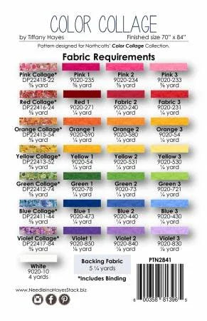 Northcott Color Collage fabric swatch chart with color names and yardage info