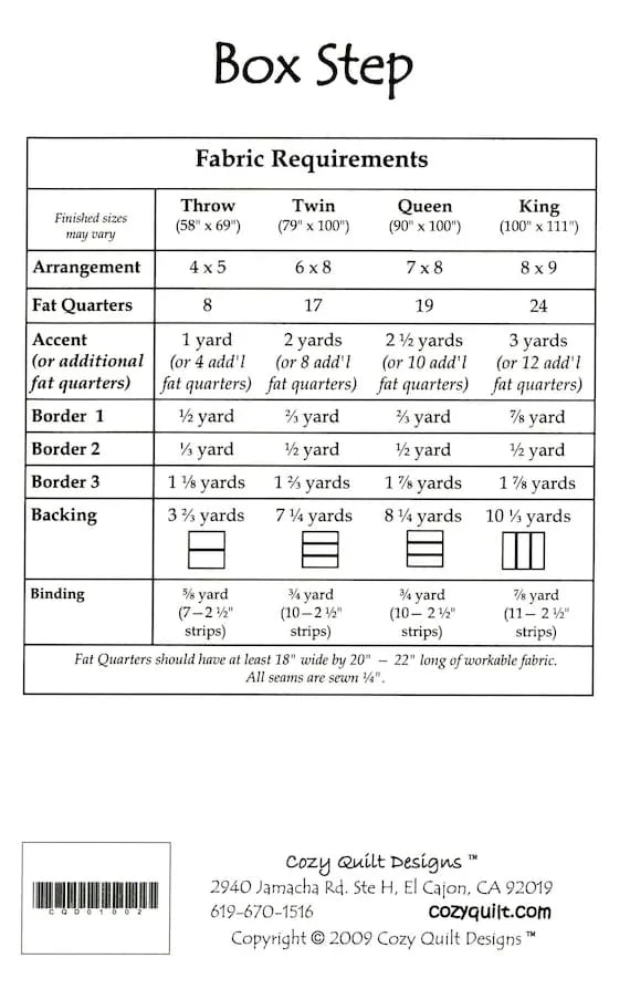 Quilt pattern instructions sheet with fabric requirements table