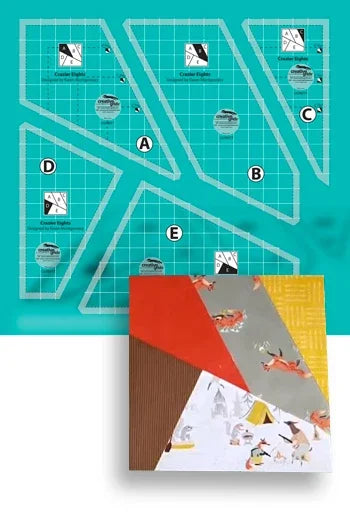 Quilt template set layout on teal grid with matching paper pieces and colorful stack