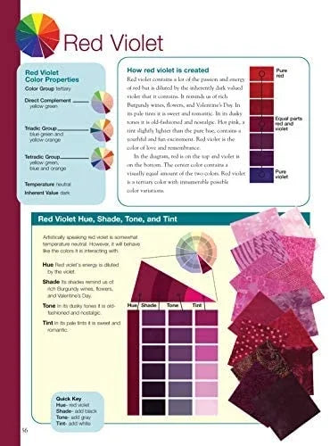 Color & Design handbook page on Red Violet with palette grid and fabric swatches
