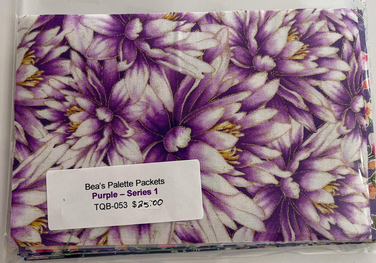 Purple floral fabric pack in a clear sleeve with label on the front