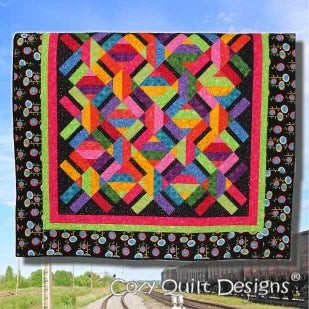 Quilt pattern with colorful diamond and triangle blocks and black border, square