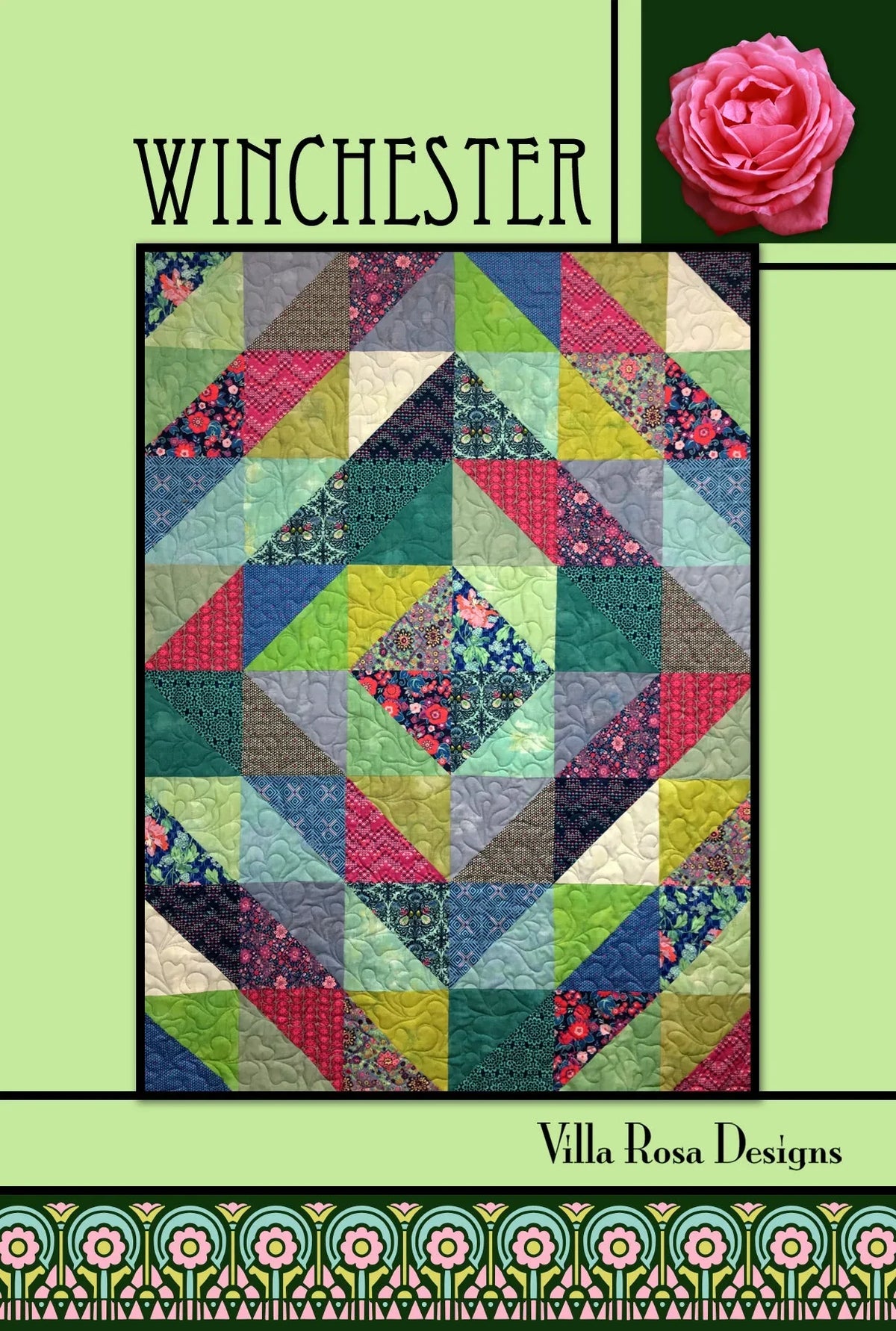 Quilt pattern sheet with geometric patchwork design in blue, green, pink, and gray