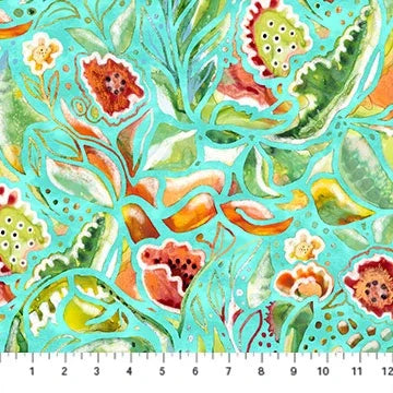 Turquoise floral fabric swatch with leaf and bird motif