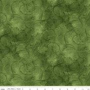 Green cotton fabric with watercolor swirl pattern and small leaf motifs
