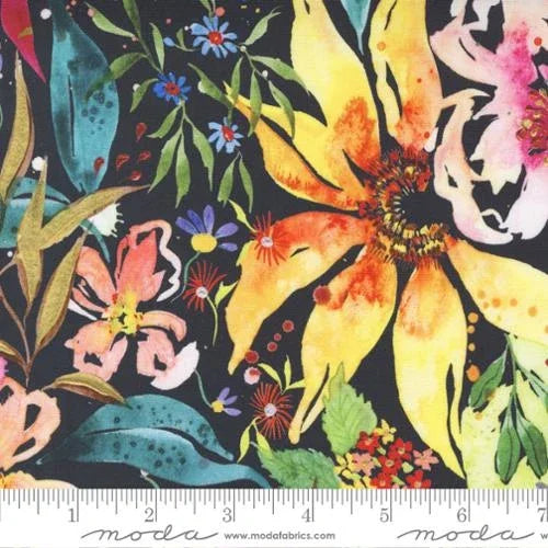 Floral fabric swatch with dark navy base, yellow and orange flowers, leaves and butterflies