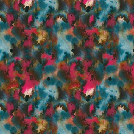 Abstract painted prism fabric with teal and red/pink splatter pattern