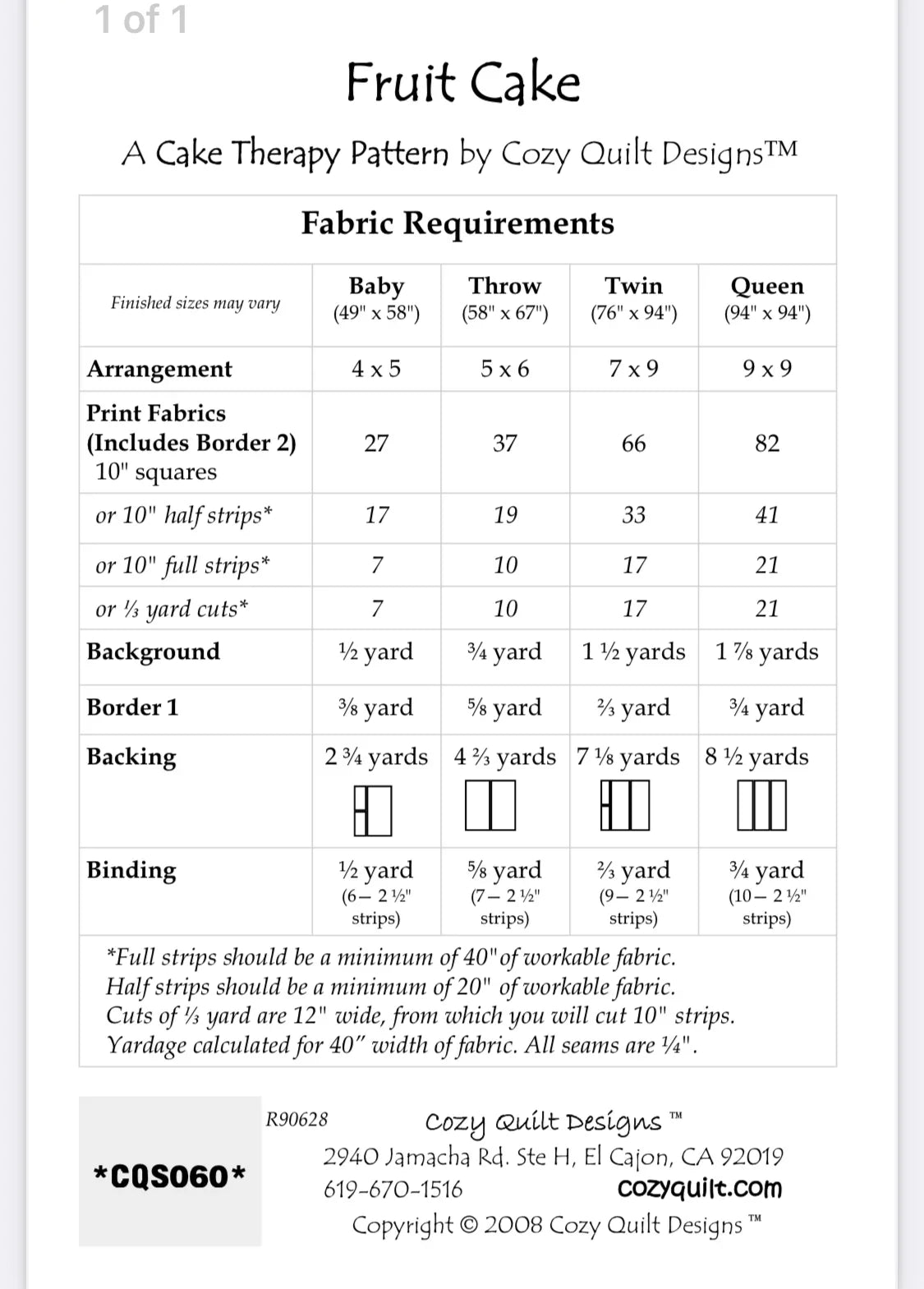 Quilt pattern instruction page showing Fabric Requirements table with sizes