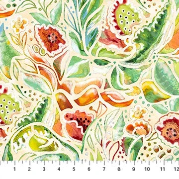 Floral fabric panel with cream background, green leaves and red flowers