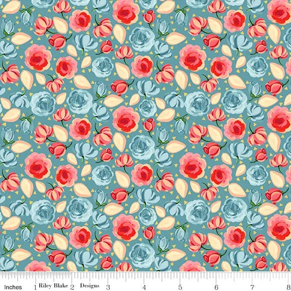 Floral quilting fabric with pink and light-blue roses on teal background