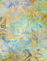 Batik fabric with foliage leaf pattern in turquoise blue and golden yellow