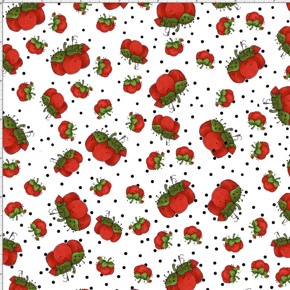 White fabric with red strawberry pin cushion pattern and small black dots
