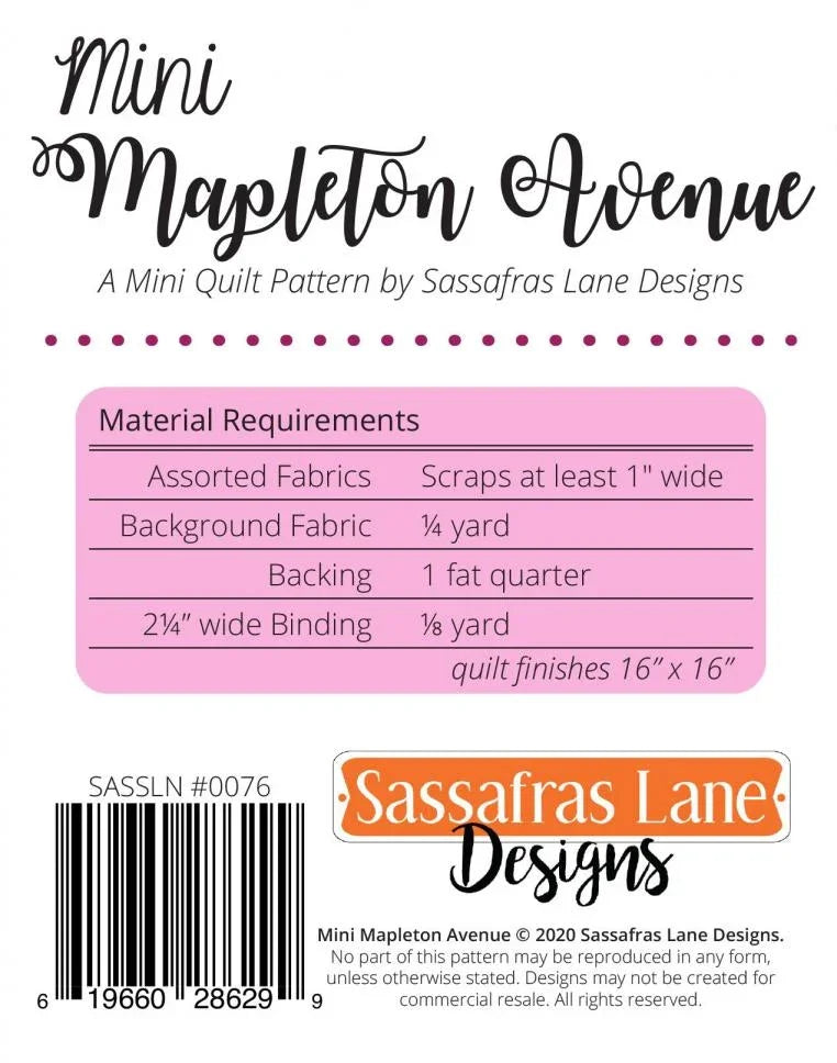 Mini Mapleton Avenue mini quilt pattern booklet with requirements table and brand logo
