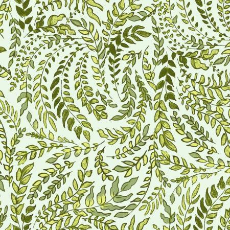 Olive green leafy vine print fabric with flowing vine and leaf pattern