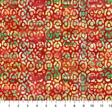 Large-dots fabric swatch with red background, yellow and green dot pattern