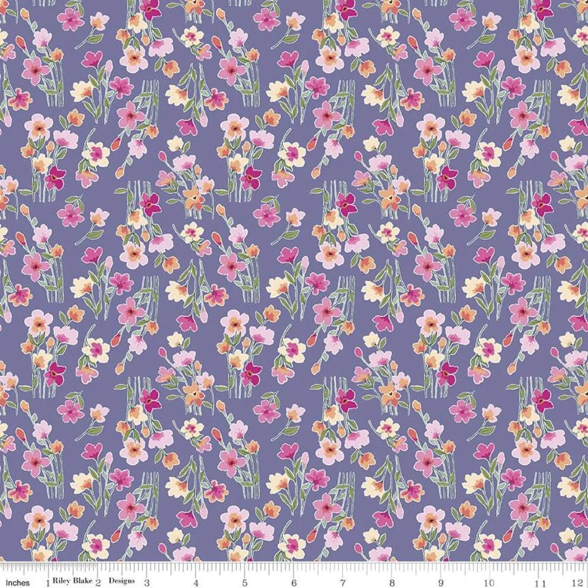 Floral fabric swatch with pink and orange flowers on plum purple background