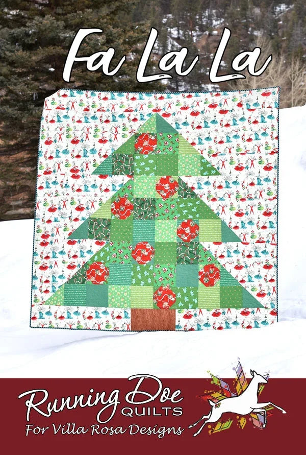 Fa La La quilt pattern by Villa Rosa Designs, green patchwork with red holiday motifs
