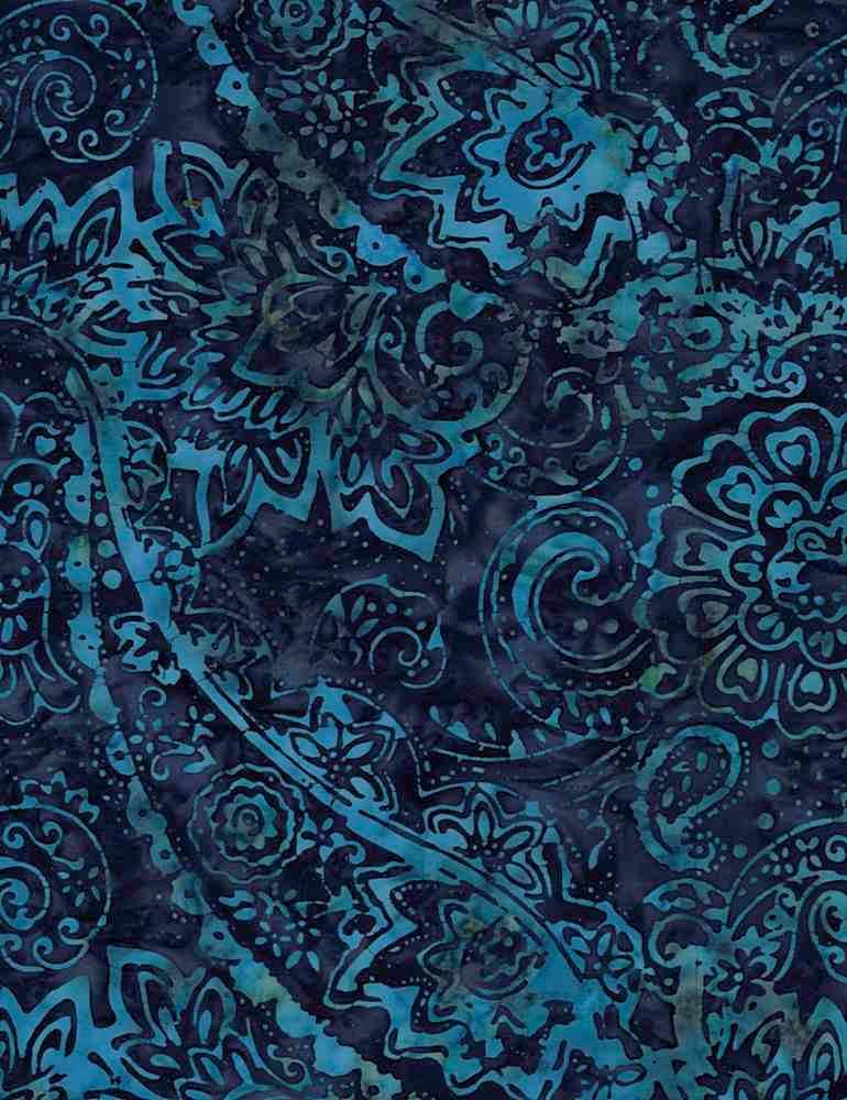 Batik fabric with teal and dark blue swirling floral and paisley pattern