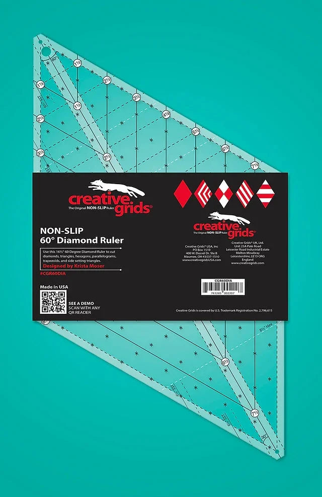 Non-slip 60° diamond ruler with brand label on packaging backing